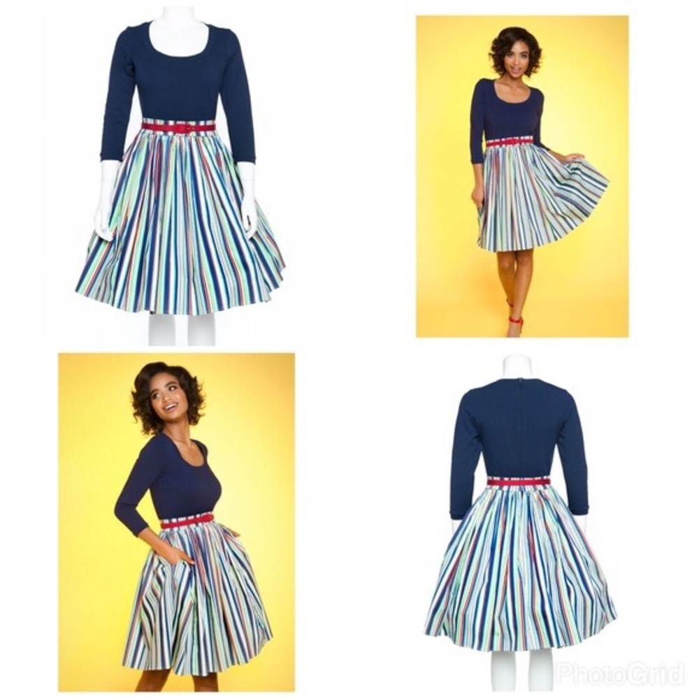 EUC Pinup Couture Medium Allison Dress in Navy Candy Stripe Print HAS POCKETS